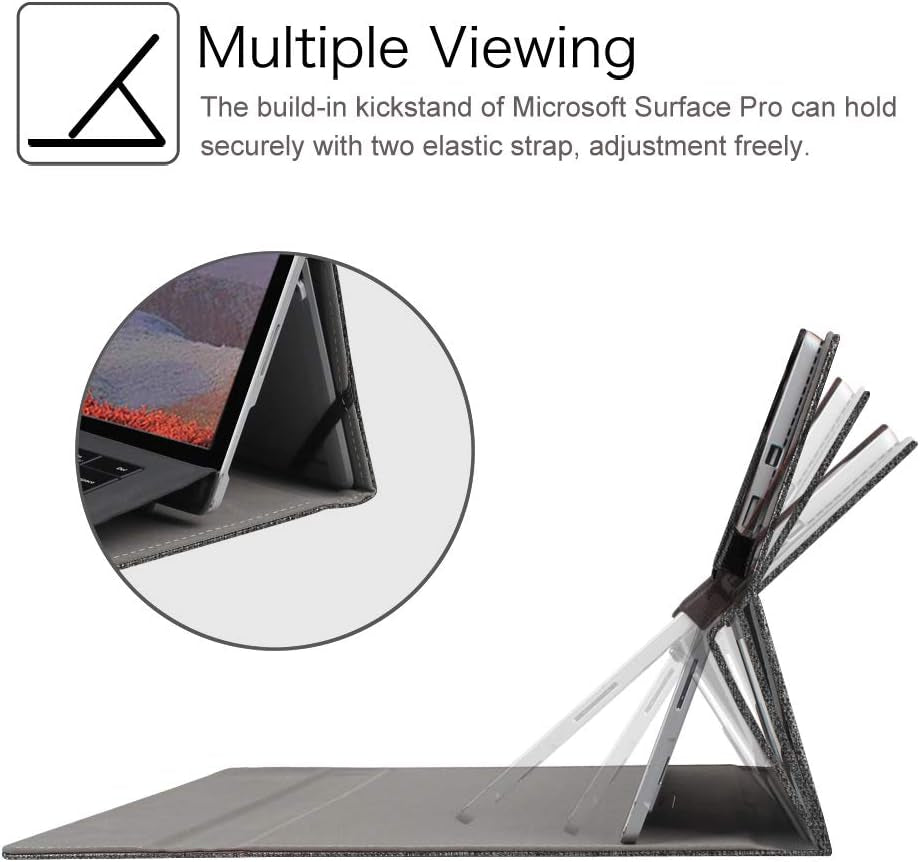 Case for Microsoft Surface Pro 7 Plus, Surface Pro 7/6/5/4/3 12.3 Inch Tablet - Multiple Angle Viewing Portfolio Business Cover, Compatible W/Type Cover Keyboard, De-Charcoal
