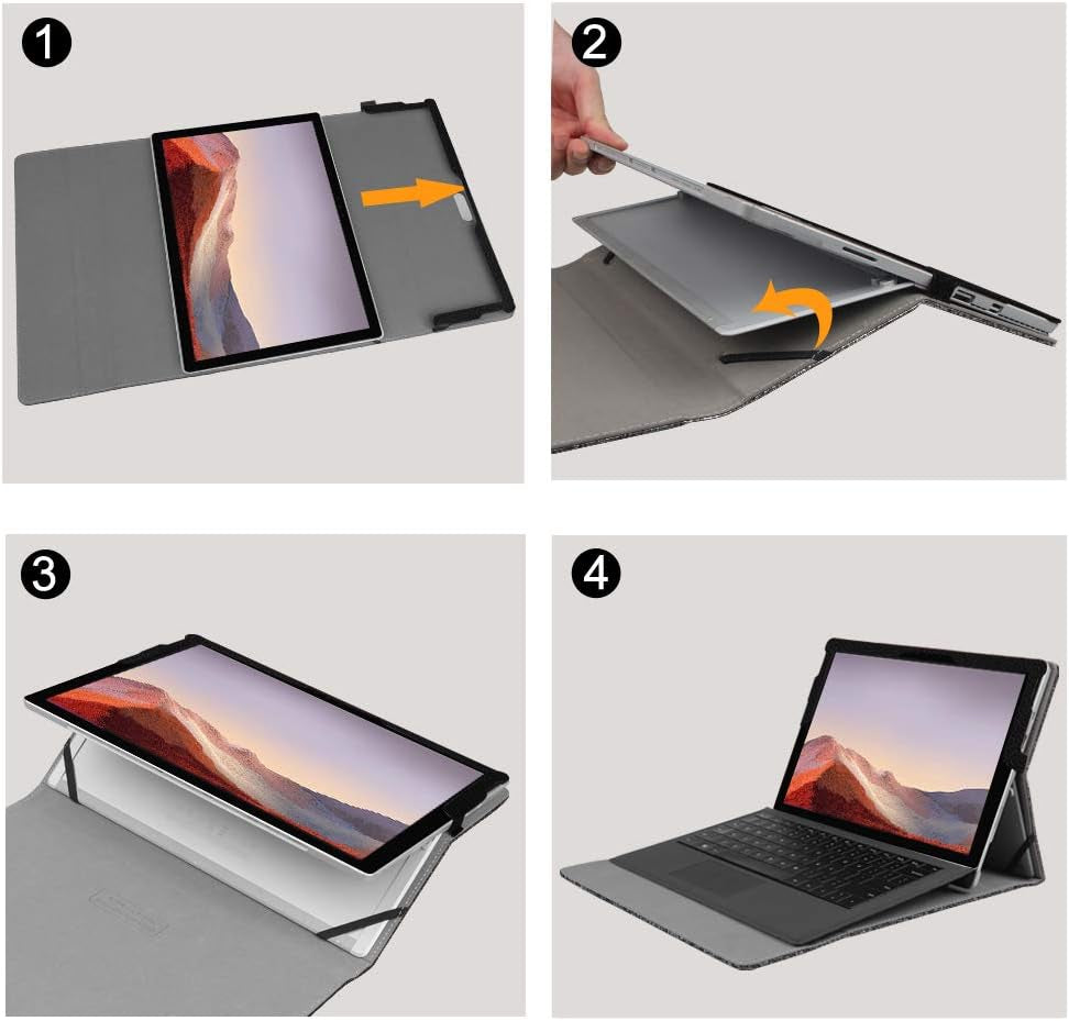 Case for Microsoft Surface Pro 7 Plus, Surface Pro 7/6/5/4/3 12.3 Inch Tablet - Multiple Angle Viewing Portfolio Business Cover, Compatible W/Type Cover Keyboard, De-Charcoal