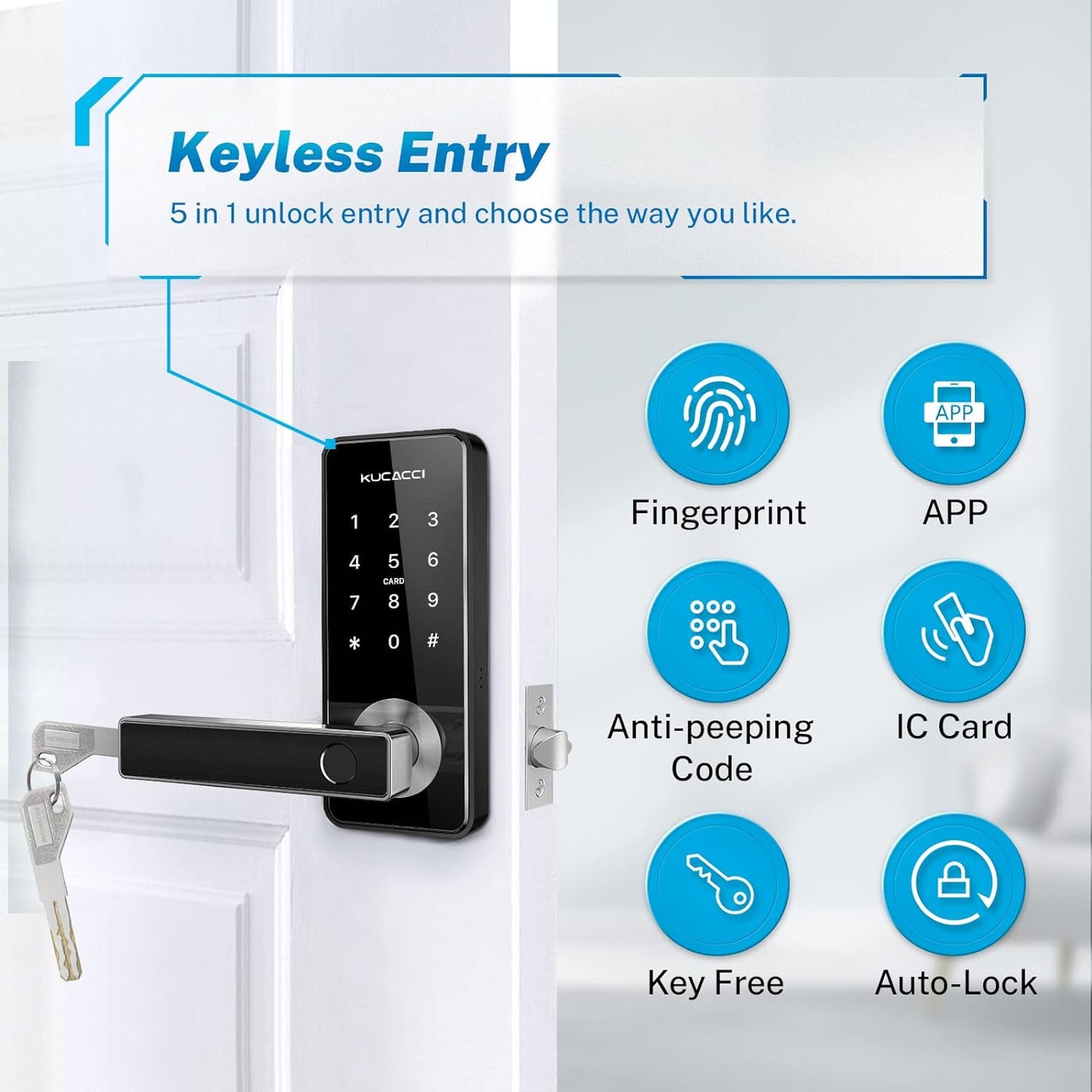 Stainless Steel Smart Door Lock, Keypad Door Lock with Handle, Biometric Fingerprint Door Lock, Keyless Entry Door Lock, Wifi Smart Locks for Front Door for Home, Hotel, Office
