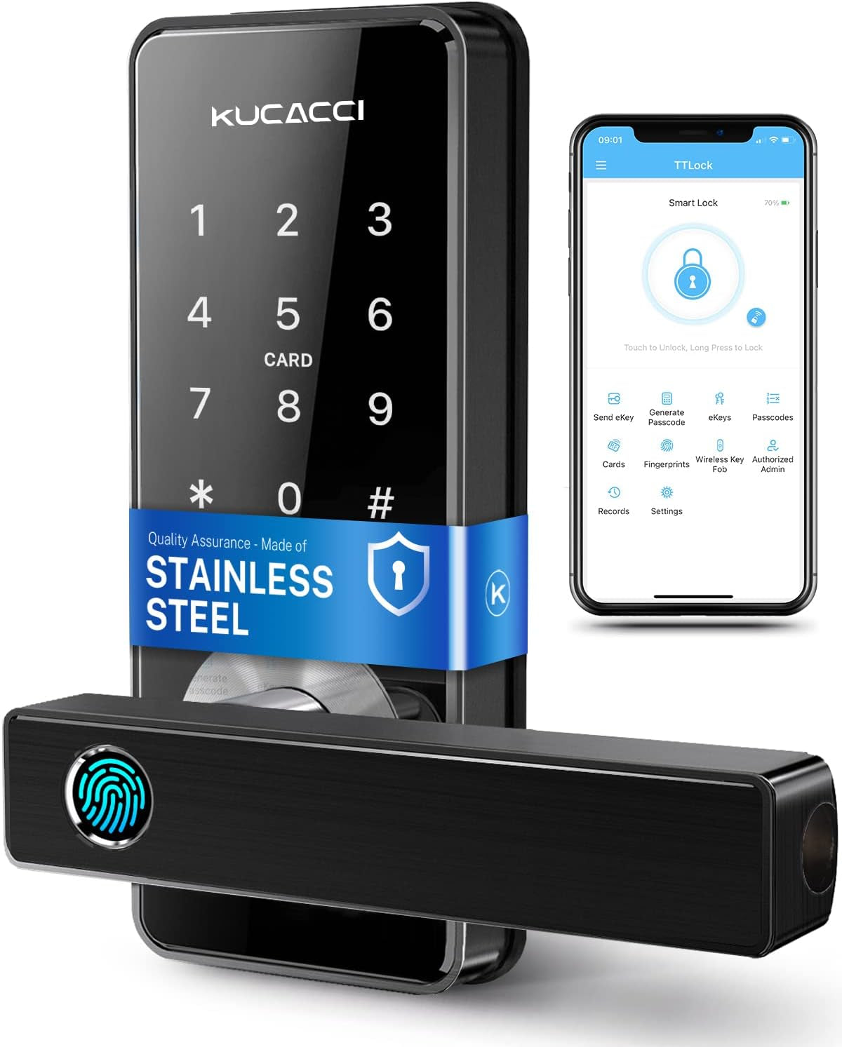 Stainless Steel Smart Door Lock, Keypad Door Lock with Handle, Biometric Fingerprint Door Lock, Keyless Entry Door Lock, Wifi Smart Locks for Front Door for Home, Hotel, Office