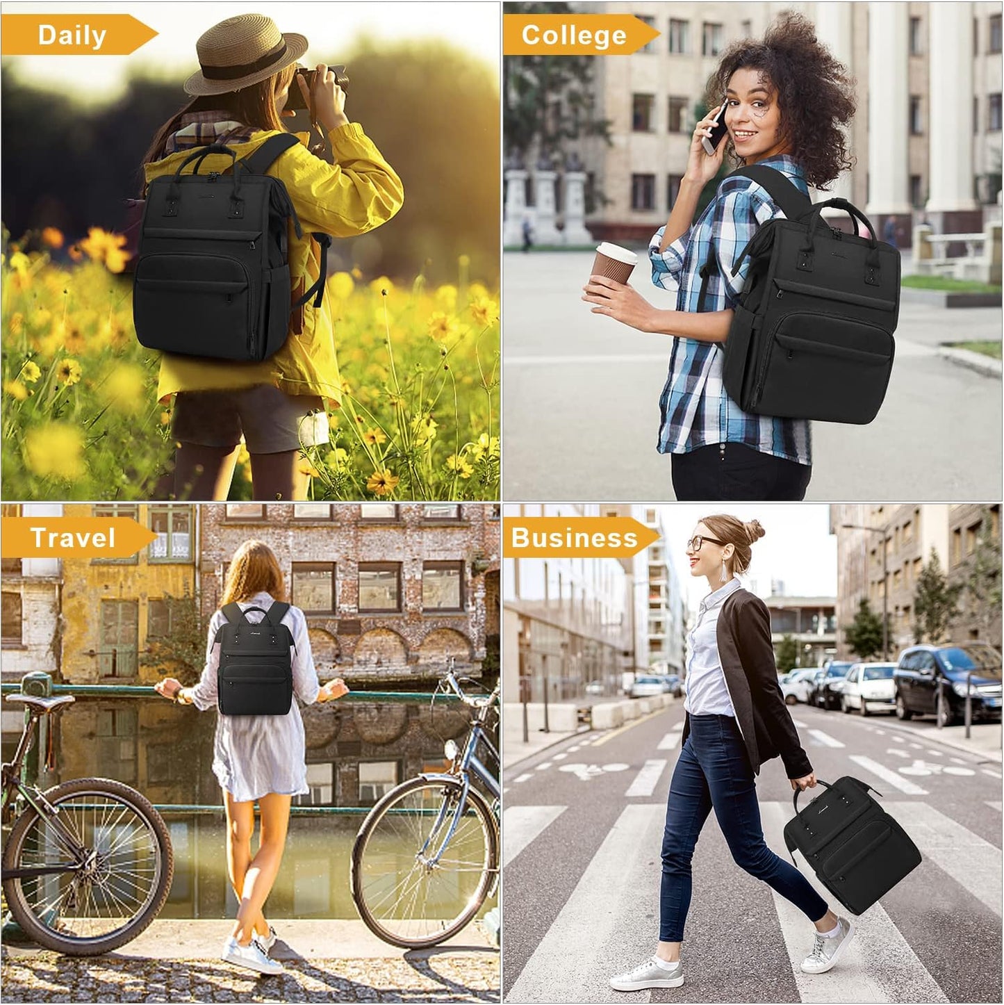 Laptop Backpack for Women, 14 Inch Nurse Teacher Backpack Work College Backpack Travel Bags Computer Laptop Bag Casual Daypack Purse, Black